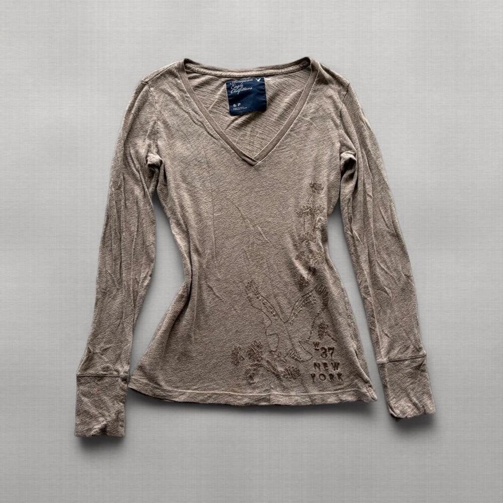 Vintage Y2K American Eagle Embroidered Long Sleeve V-Neck Top Womens Small Brown